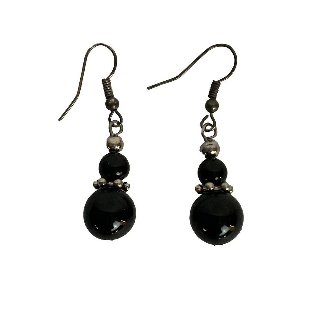 Black and Silvertone Beaded Drop Earrings Hook Pierced 1.5" Dangle
